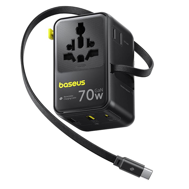 Baseus 70W Universal Travel Adapter & Phone Charger, 6-in-1 International Plug with Retractable Cable